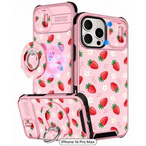 Buleens for iPhone 16 Pro Max Case - with Ring Stand & Camera Cover -Strawberry